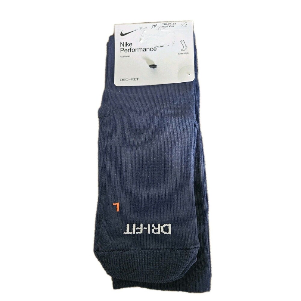 NEW 2 PAIR NIKE PERFORMANCE CUSHIONED KNEE-HIGH DRI- FIT SOCKS Youth 3-5 Navy
